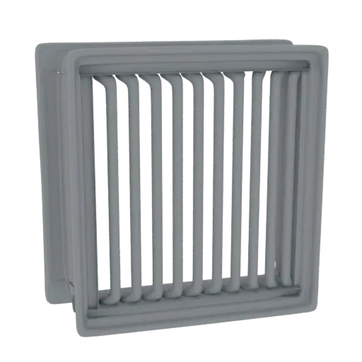 3D model of a modern square air vent grille with vertical slats and a clean, minimalist frame, rendered in gray.