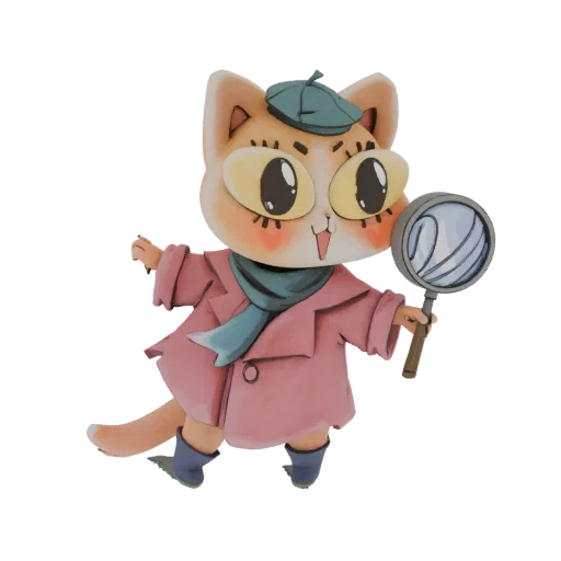 A 3D render of a cute ginger cat dressed as a detective, wearing a pink trench coat, teal scarf, and beret, holding a magnify
