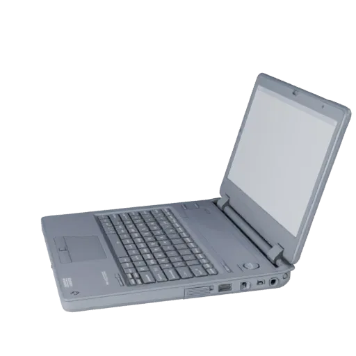 Business Portable Workstation 3D model, three-quarter front view, Unity viewport, showing brushed metal, open lid angle.