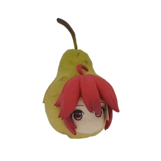 3D-Modell einer Birne mit dem Kopf eines Anime-Mädchens und roten Haaren, die daraus wachsen.