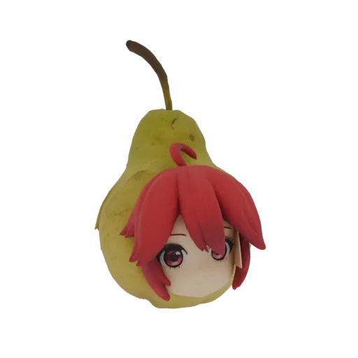Modelo 3D de una pera con la cabeza de una chica anime y cabello rojo emergiendo de ella.