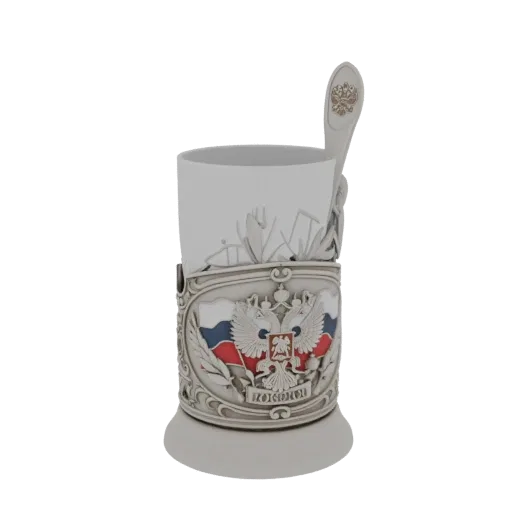 3D model of a silver-colored Russian podstakannik with double-headed eagle emblem and flags, including a spoon.