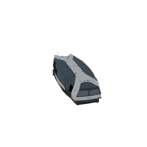 A 3D render of a futuristic electric hydrofoil boat with a sleek, aerodynamic design, featuring a modern cabin and a white an