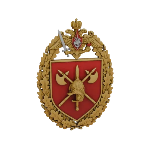 3D model of the Russian Military Emblem, featuring a red shield with crossed axes and a helmet, topped by a double-headed eag