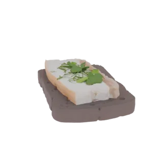 Modèle 3D de sandwich au salo avec graisse de porc salée et herbes vertes fraîches sur une base texturée sombre.