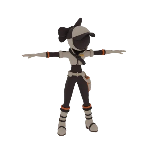 Modelo 3D de um personagem aventureiro estilizado em T-pose, usando boné e cinto de utilidades, contra um fundo branco.