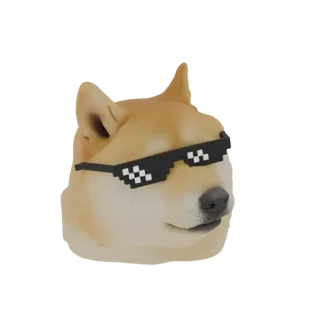 Modèle 3D du chien meme Doge portant des lunettes pixélisées 'thug life', présenté sur fond blanc.