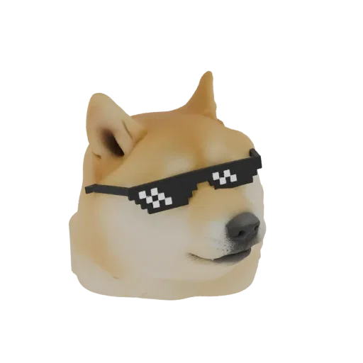 3D model of the Doge meme dog wearing pixelated 'thug life' sunglasses, presented on a white background.