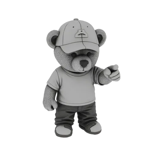 Ein 3D-Rendering eines grauen Cartoon-Bären-Charakters mit Baseballkappe und T-Shirt, der mit dem Zeigefinger nach vorne zeig
