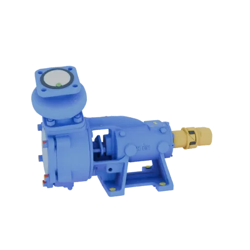 3D-Modell einer blauen Kreiselpumpe mit gelbem Anschluss, montiert auf einem Sockel, vor schwarzem Hintergrund.