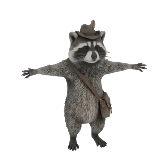 Modelo 3D de un mapache con sombrero y bolsa, con los brazos extendidos en pose acogedora.