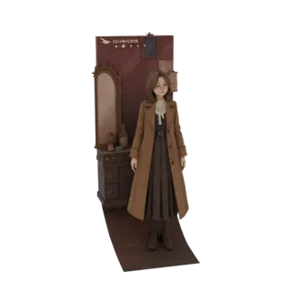 3D model of a vintage diorama featuring a woman in a brown trench coat, a vanity mirror, and antique furniture against a dark