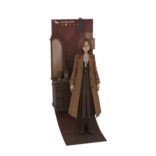 Modello 3D di un diorama vintage con una donna in trench marrone, specchio da toeletta e mobili antichi su sfondo rosso scuro