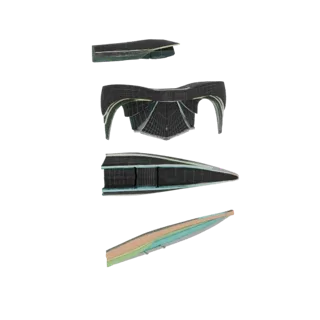 Un rendu 3D de quatre composants aérodynamiques futuristes pour véhicules, affichés verticalement avec des détails de maillag