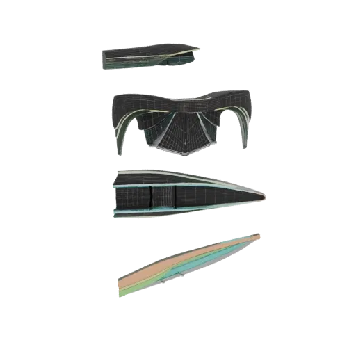Una renderización 3D de cuatro componentes aerodinámicos futuristas para vehículos, mostrados verticalmente con detalles de m