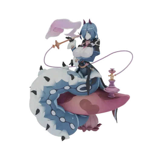3D model of a blue-haired fantasy character with horns riding a large blue and white segmented caterpillar, holding a hookah.