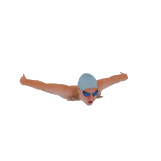 3D model of a swimmer in a blue cap and goggles, performing the butterfly stroke with arms extended forward.