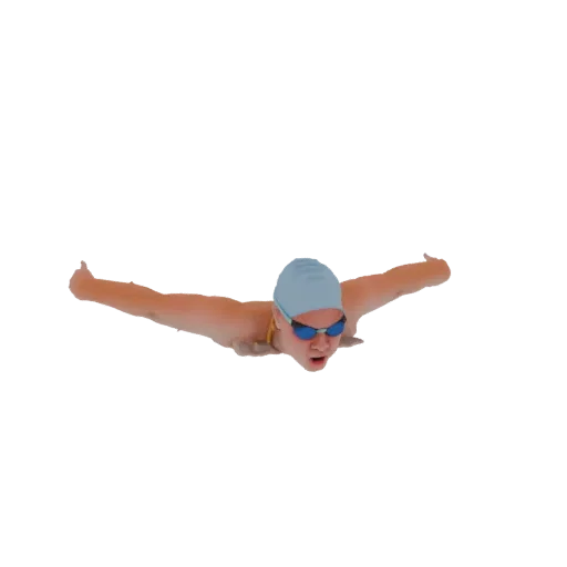 3D model of a swimmer in a blue cap and goggles, performing the butterfly stroke with arms extended forward.