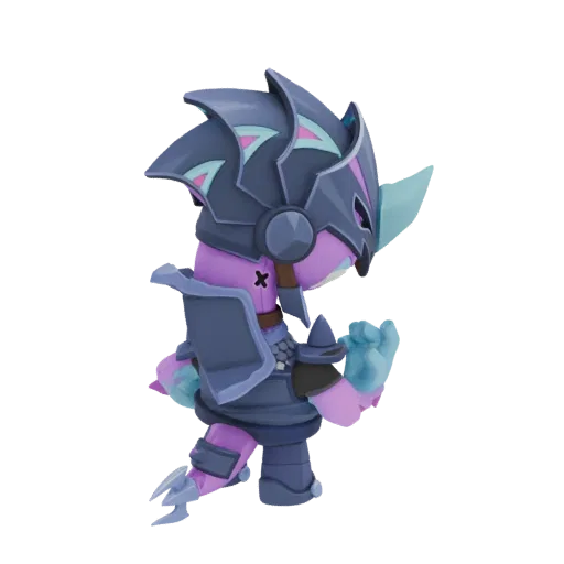 Modèle 3D d'un personnage guerrier chibi avec une armure épineuse sombre, une corne bleu clair et une pose poing serré, vu de