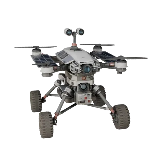 Lunar Drone Scout 3D model, three-quarter front view, Unity viewport, showing dusty wheels, vehicle stance.
