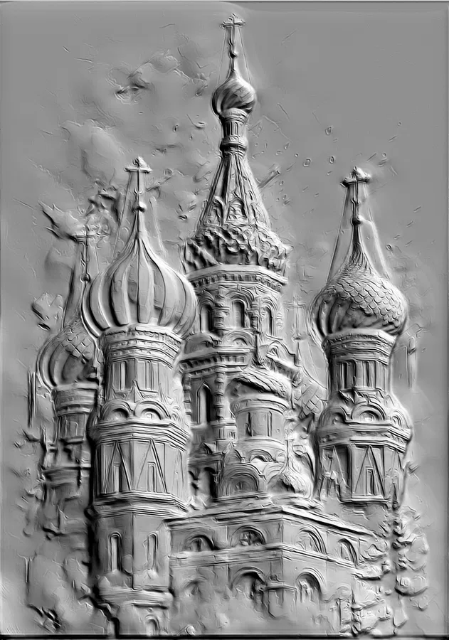3D model of St. Basil's Cathedral bas-relief in monochrome style, with high architectural detail.