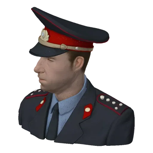 3D model render of a Soviet police officer bust, wearing a dark uniform and cap with a red band and emblem.