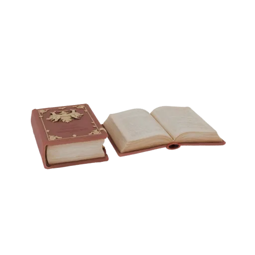 3D model of two medieval books: one closed with gold embossing, another open with text on pages.