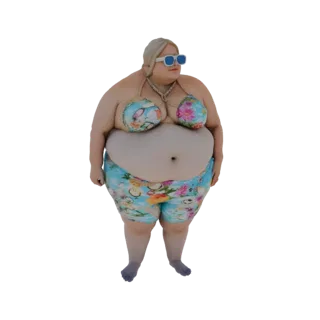 Modèle 3D d'une femme ronde portant un bikini fleuri, debout et regardant sur le côté.