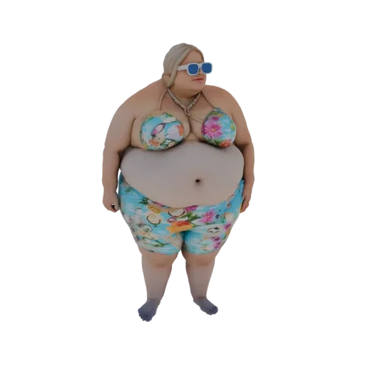 3D-Modell einer Plus-Size-Frau in einem Blumenbikini, stehend und zur Seite blickend.