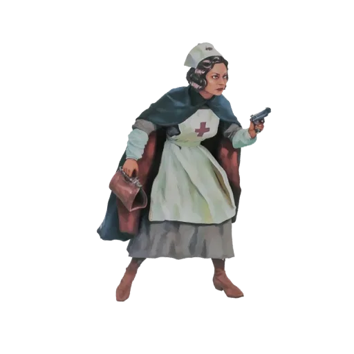 3D model of a World War I nurse in uniform, holding a revolver and looking determined.