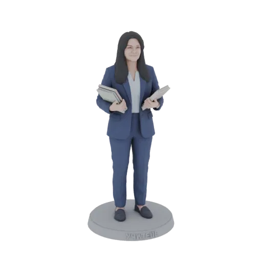 3D model of a businesswoman in a blue suit holding books, standing on a circular base with 'УЧИТЕЛЬ' inscribed.