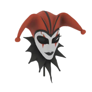 3D model of a jester mask with a red and black harlequin hat, white face, and black collar, displayed against a white backgro