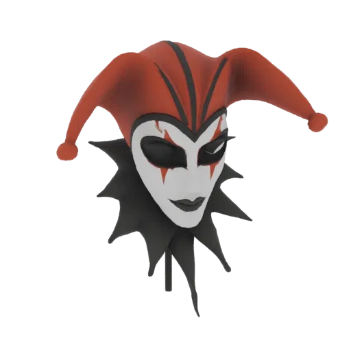 3D model of a jester mask with a red and black harlequin hat, white face, and black collar, displayed against a white backgro