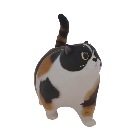 A 3D render of a plump calico cat with large eyes and distinct black, orange, and white fur patches, standing on a white back