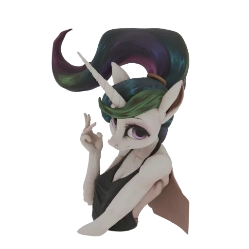 3D-Modell eines eleganten weißen Einhorns mit fließender, mehrfarbiger Mähne und großen violetten Augen, das ein schwarzes Ha