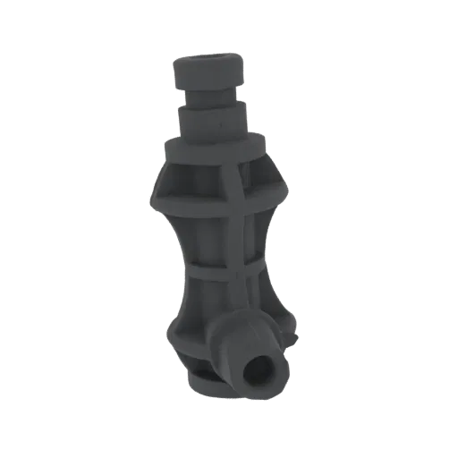 Rendu 3D d'une tige de vanne industrielle gris foncé avec une tige rainurée et une base évasée, isolé sur fond blanc.