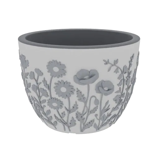 3D render of a white planter pot with a detailed grey embossed floral pattern of daisies and poppies.