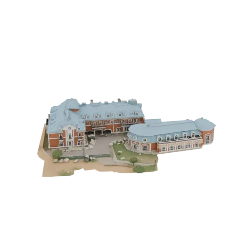 3D model of a grand hotel with red brick facade and blue roof, featuring a courtyard and surrounding landscape.