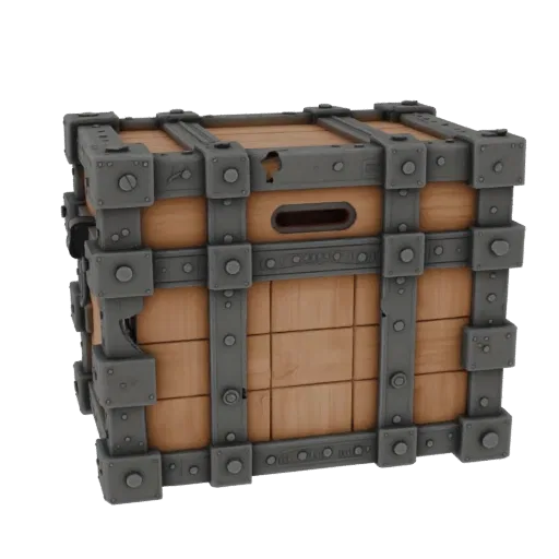 Medieval Crate Printable 3D model, isometric STL render, showing wood planks, stackable massing.