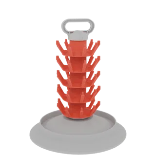 A 3D render of a bottle drying rack with orange arms and a gray base and handle, designed for efficient bottle drying.