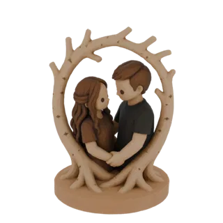 3D model of a couple embracing under a stylized tree arch, rendered in warm, earthy tones.