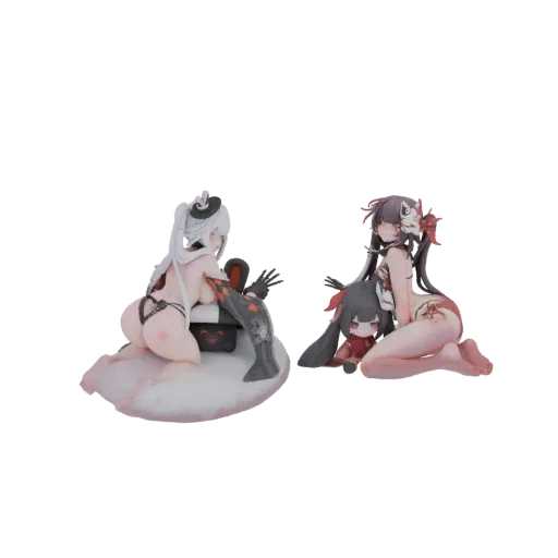3D model preview of two anime girls in bikinis, one with white hair on a cloud base, the other with dark hair and a mask, with a smaller chibi character.