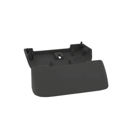 3D model render of a dark gray plastic cover with visible internal mounting points and clips
