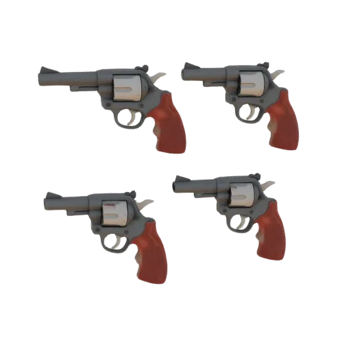 3D model of a revolver showing four states: idle, cocking start, full cock, and firing, on a black background
