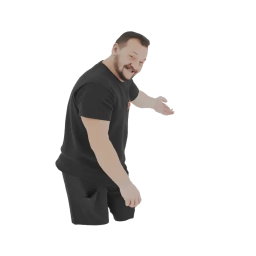 3D model of a man wearing a black t-shirt, with his right arm extended and hand open in a presenting gesture, against a white