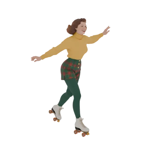 3D model of a woman roller skating in a retro outfit, wearing a yellow turtleneck, plaid shorts, and green tights.