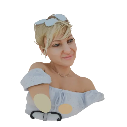 Modelo 3D de busto de mujer con cabello rubio, gafas de sol en la cabeza y top de hombros caídos.