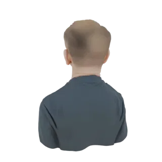 Back view of a 3D model bust of a young boy with short, light brown hair and wearing a dark t-shirt.