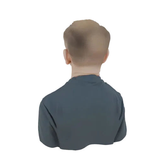 Rückansicht eines 3D-Modells einer Jungenbüste mit kurzen, hellbraunen Haaren und einem dunklen T-Shirt.