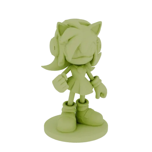 3D model render of Amy Rose, a light green hedgehog character wearing headphones and a dress, in a dynamic pose.